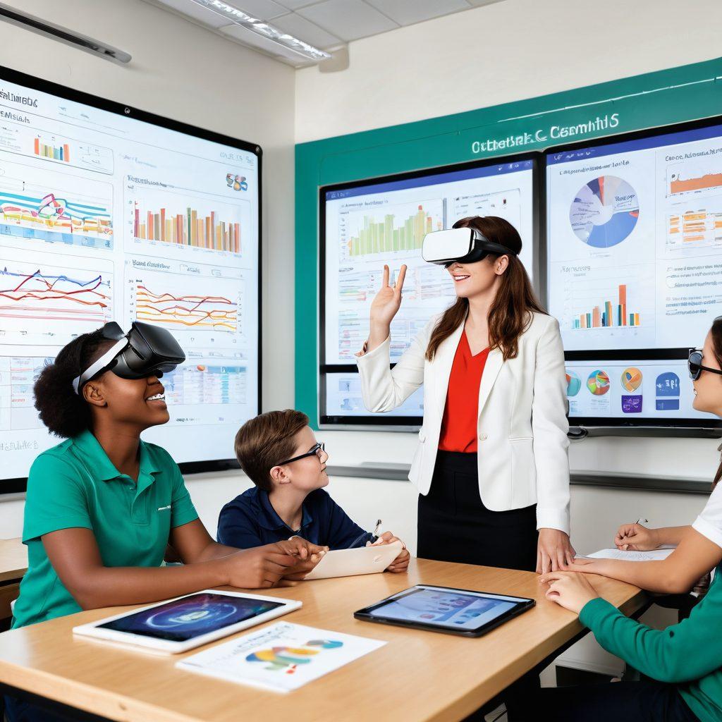 A dynamic classroom scene blending traditional learning with modern technology, showcasing students engaged with tablets and virtual reality headsets while a teacher guides them. Include vibrant graphs and charts representing curriculum development on the walls. The atmosphere should feel energetic and collaborative, reflecting innovative strategies in education. super-realistic. vibrant colors. white background.