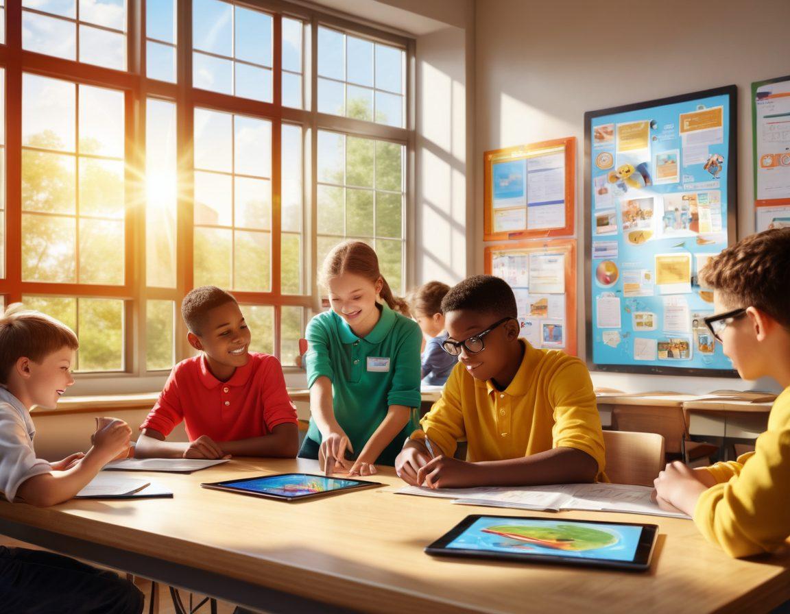 A vibrant classroom scene showcasing diverse students engaged in hands-on learning activities, with dynamic posters of various subjects on the walls. Teachers interactively guiding students with digital tablets and creative materials, symbolizing modern educational strategies. Bright sunlight filtering through large windows, creating an inviting atmosphere. super-realistic. vibrant colors. 3D.