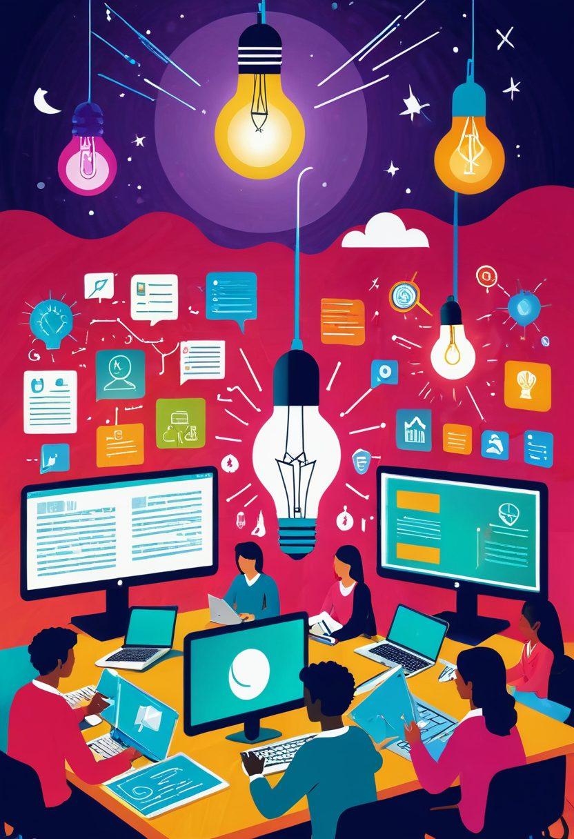 A dynamic and colorful illustration of a digital classroom with diverse students engaging with various e-learning tools such as laptops, tablets, and interactive screens. Display a light bulb symbolizing ideas and innovation above them, along with icons of online resources like books and courses floating around. Include a warm and inviting atmosphere to evoke a sense of success and collaboration. vibrant colors. vector art. white background.